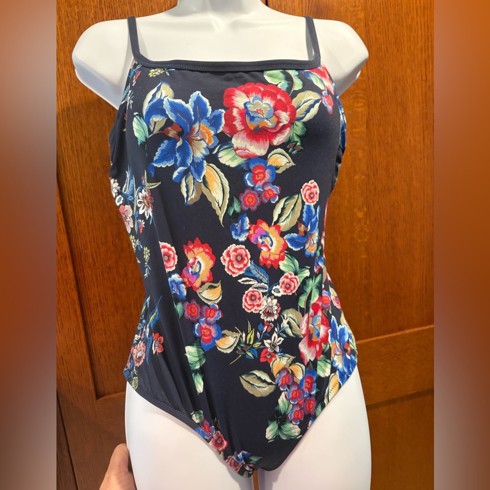 Johnny Was Maya Swimsuit 1-Piece ❤️ Navy Floral Tank Lace-Back Strappy Large